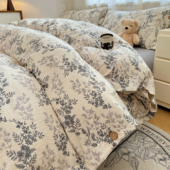 New Class a Thickeneded Raw Linen Four-Piece Set with Floral Retro Buttons Pure Cotton Bed Sheetss and Fitted Bed Sheetss Linen Three-Piece Set