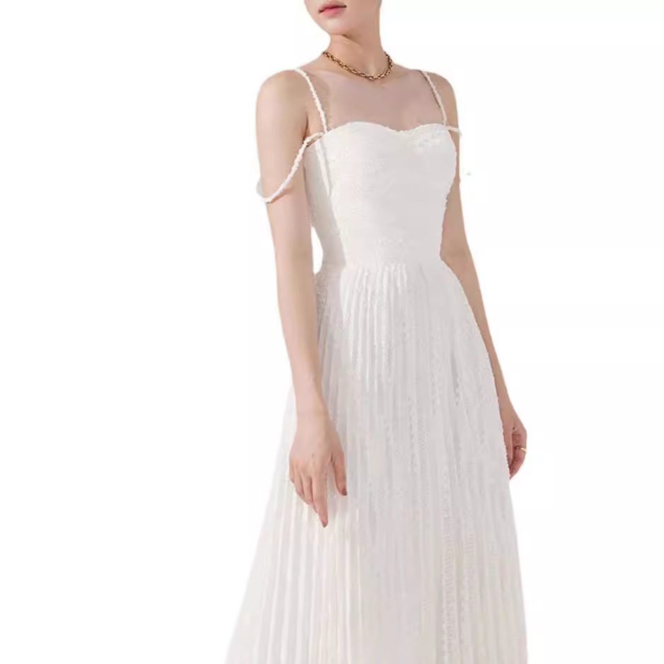Đầm maxi nữ thắt eo dáng suông không tay, cổ yếm, cạp cao — Trắng, Ka ki