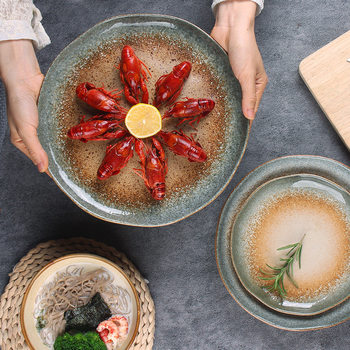 Retro Ceramic Plate, High-Looking Hotel Tableware Set, Japanese Western Food Plate, Microwaveable Round Salad Bowl and Dish