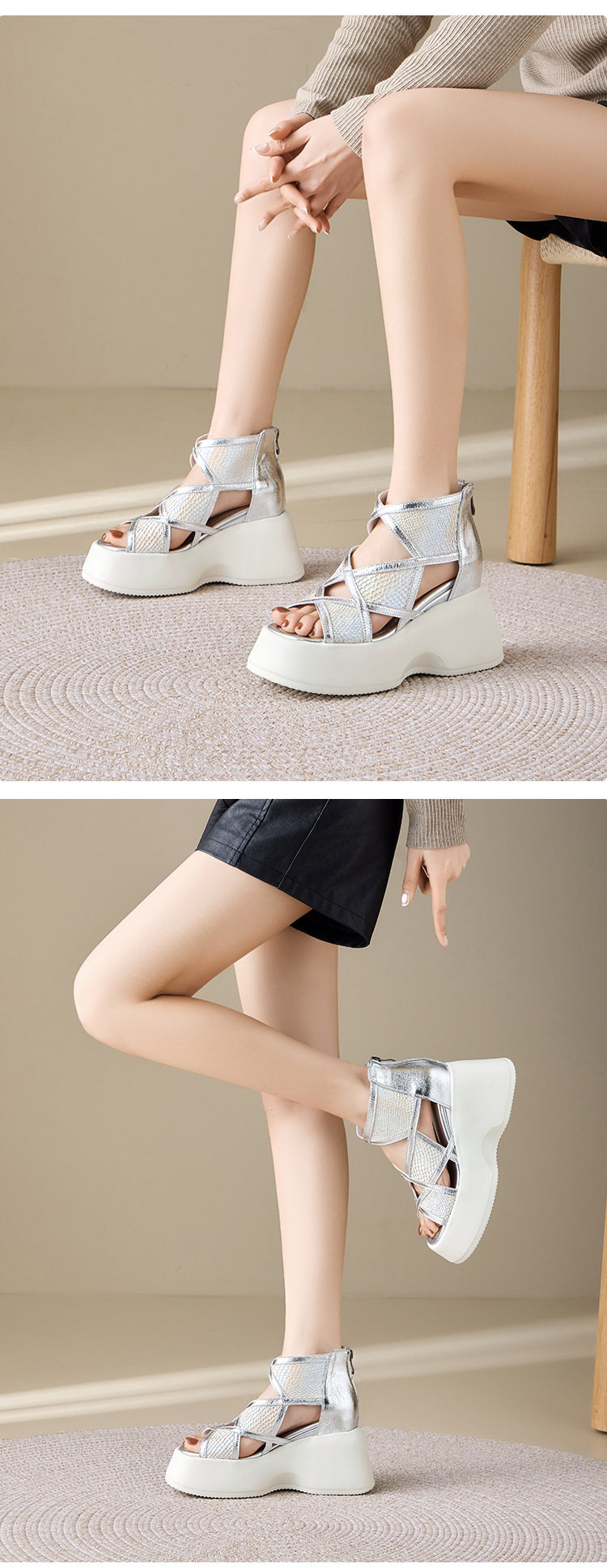 Sandal cao gót nữ hở mũi đế xuồng 10 cm, phong cách đơn giản, tăng chiều cao — [Màu kem], [Màu bạc] chi tiết 6