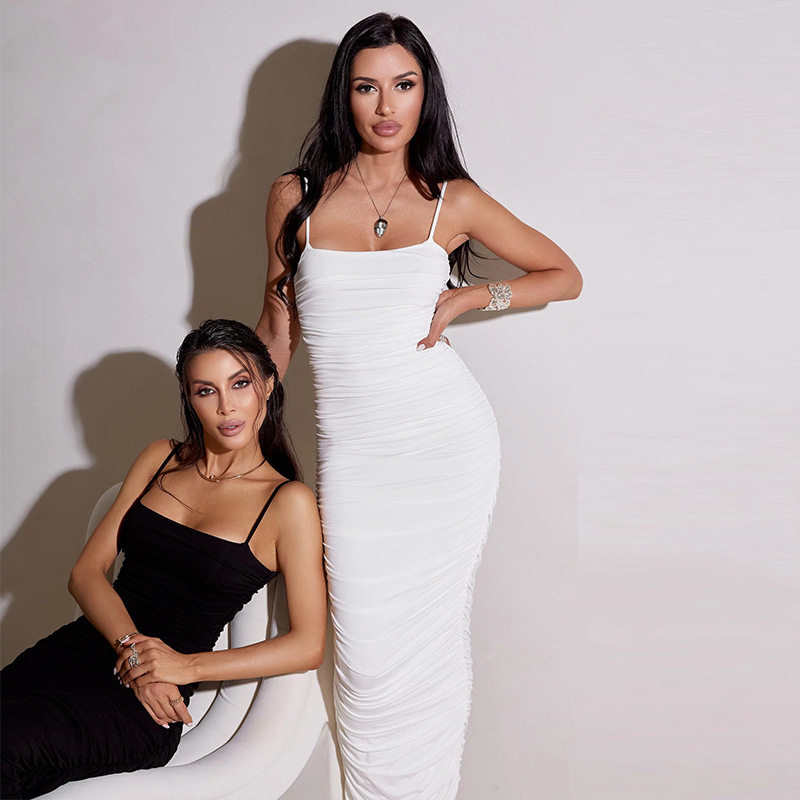 French Style Off Shoulder Bodycon Dress Pleated Design Solid Color Slim Fit Long Length Perfect for Parties or