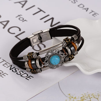Cross-Border New Style Turquoise Stainless Steel Leather Bracelet European and American Handmade Woven Men's Leather Jewelry for Scenic Spots and Travel