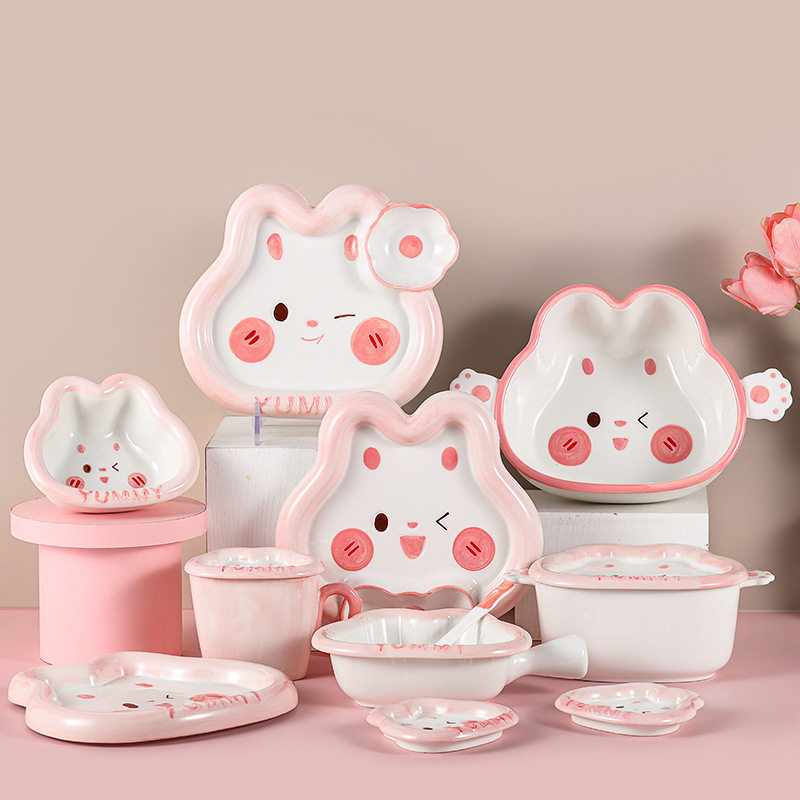Ceramic Children's Tableware Set Cute Yami Rabbit Rice Bowl Handle Bowl Dumpling Plate Underglaze Color Bowl Plate Hand-painted