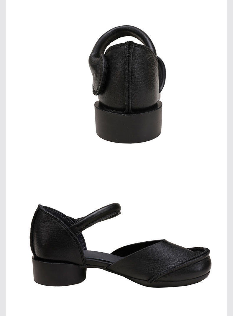 Giày sandal nữ quai ngang gót thô bọc mũi bằng da bò thật, đế mềm thủ công — Màu đen, Màu nâu