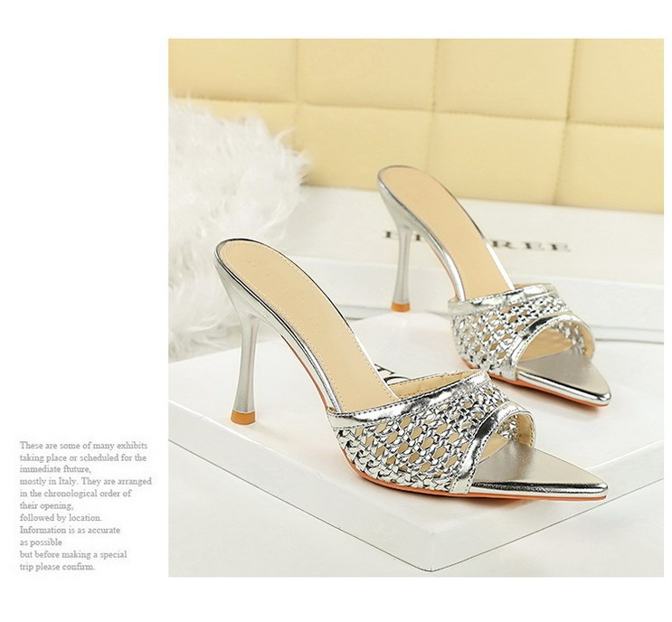 Sandal cao gót nữ mũi nhọn hở ngón quai dệt phối đồ thời trang — Màu bạc, Màu be, màu đen, Màu trắng
