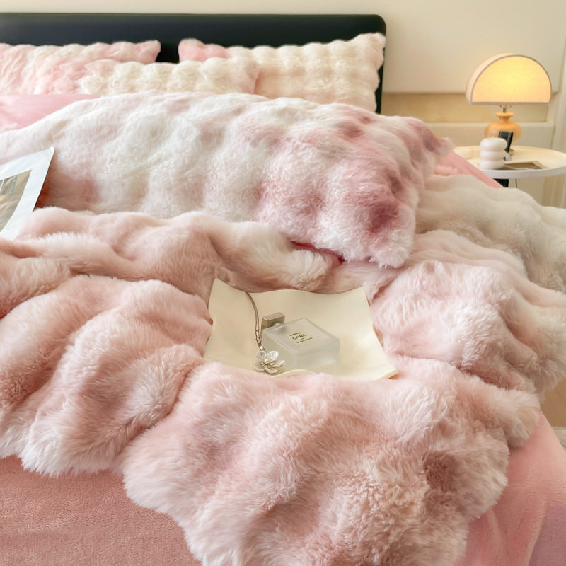 Thick Rabbit Plush Milk Velvet Four-Piece Set Winter Warm Rabbit Velvet Bed Bed Sheets Quilt Cover Lazy Rabbit Velvet Coral Velvet 4