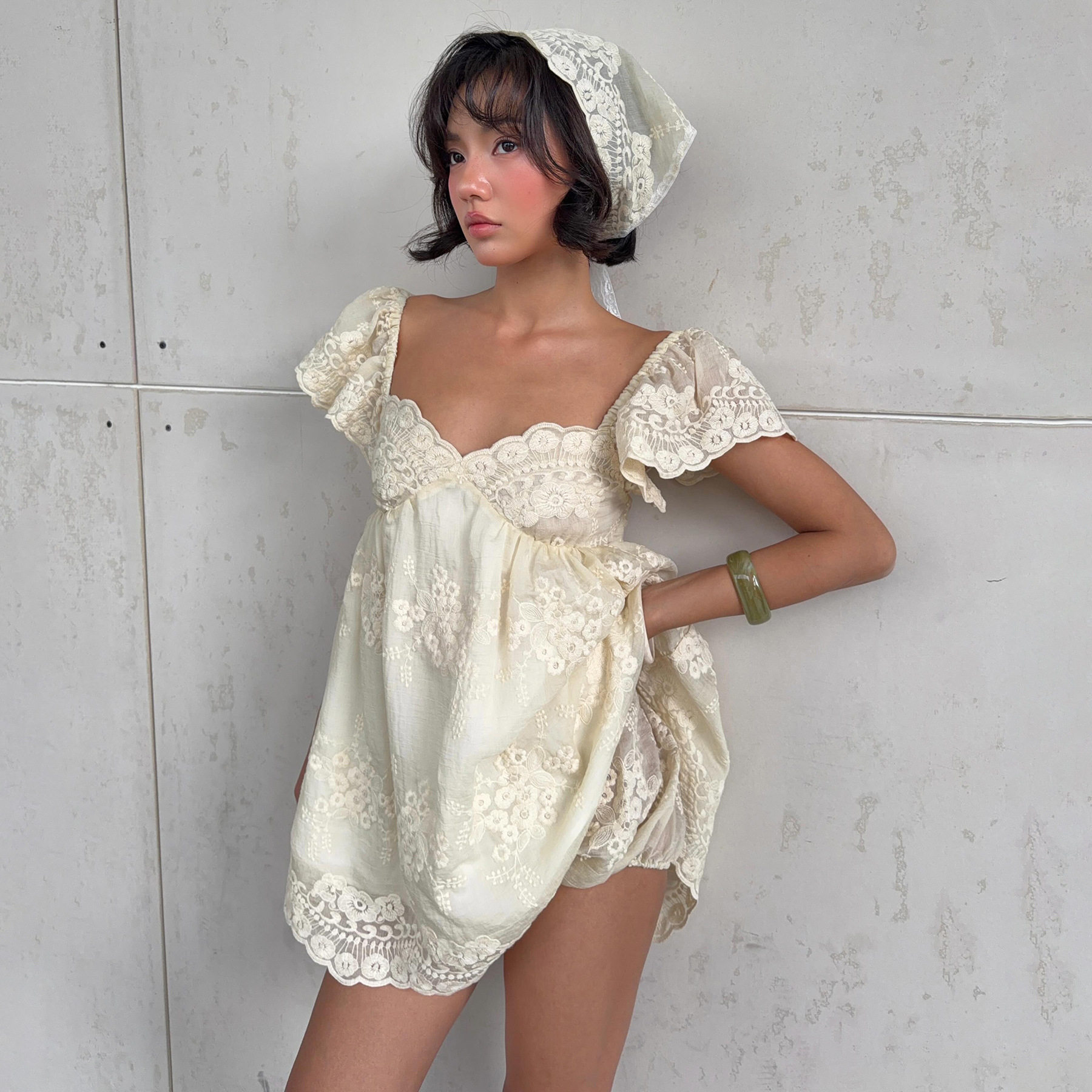 French Vintage Lace Embroidered Dress Loose Fit Puff Sleeves Sweet Aesthetic Summer Fashion for Women Wholesale