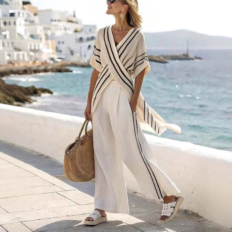 Fashionable Striped Cross Front Top and Wide Leg Pants Set Loose Fit Autumn Collection Casual Wear OEM Available