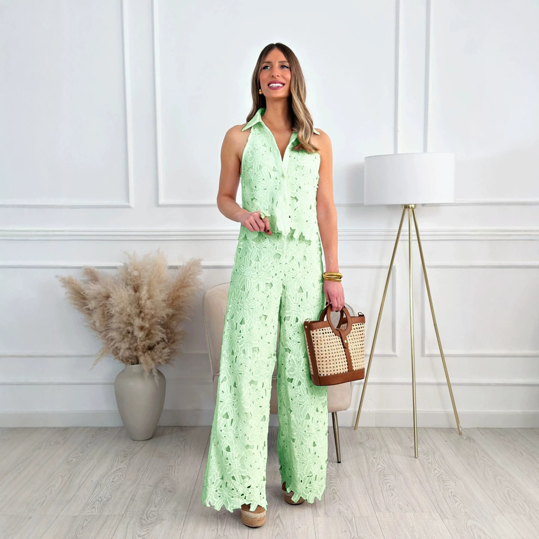 French Embroidered Hollow Out V Neck Tank Top and Wide Leg Straight Pants Set Summer Style Elegant Casual Wear