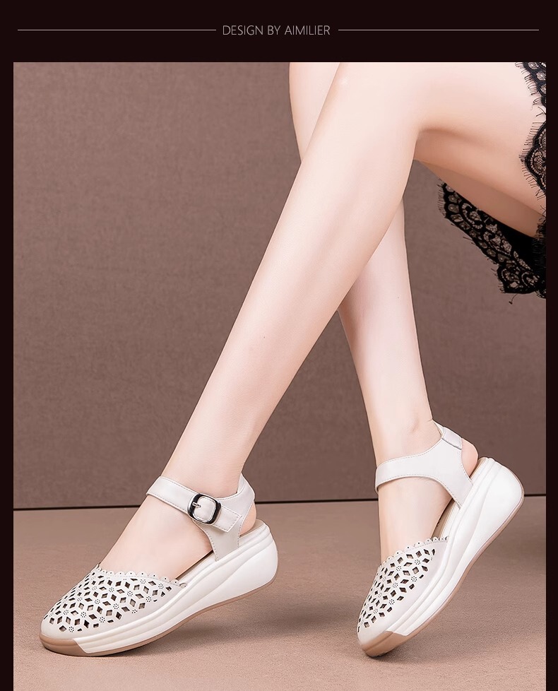 Sandal nữ quai ngang mũi tròn đế xuồng, thiết kế khoét lỗ thoáng mát, phối màu trắng be thanh lịch — Màu trắng be