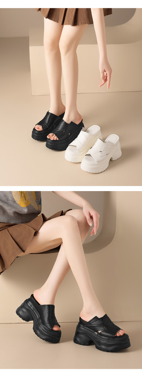 Dép sandal nữ quai ngang đế dày tăng chiều cao 12cm, mũi hở, da bò thật — màu đen, Màu trắng ngà-