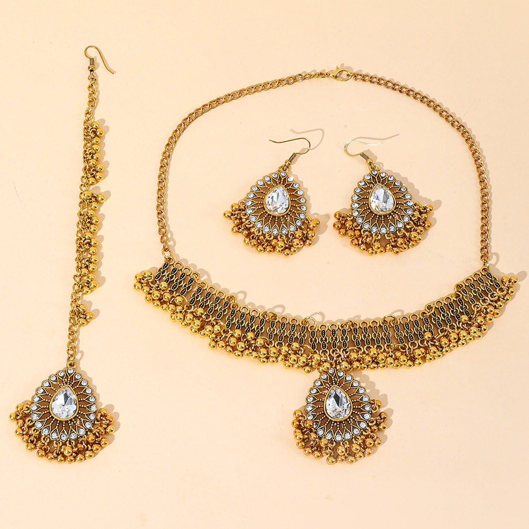 Indian gem pearl pendant tassel three-piece set fashion vintage clavicle necklace earrings hollow water drop suit women