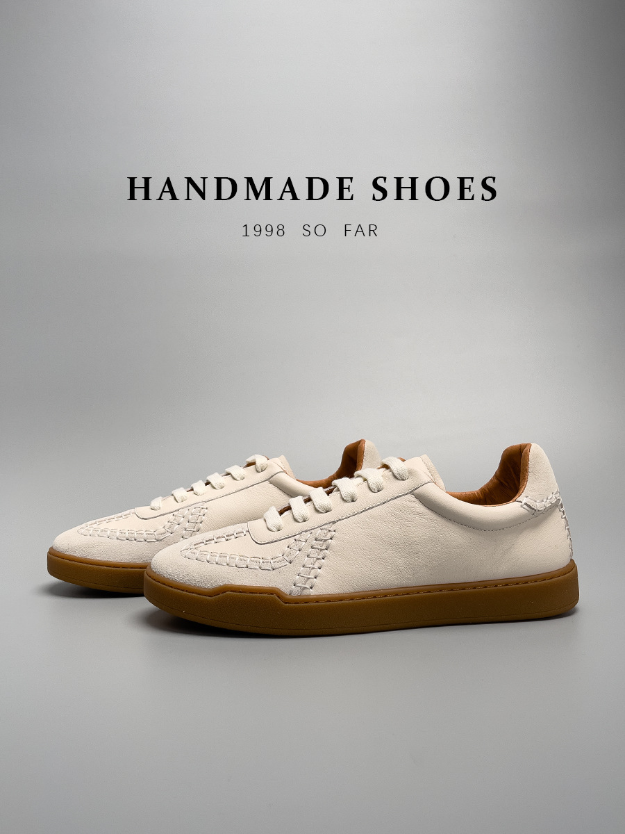 Giày sneaker nam da bò thật cao cấp đế thấp kiểu bóng chày — Màu Be [tỷ lệ chất lượng trên 1000]