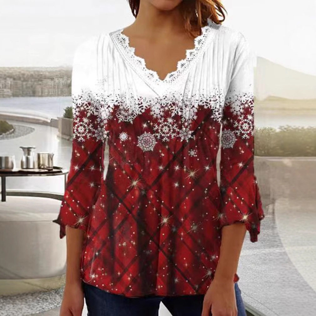 V Neck Long Sleeve Top Snowflake Print Plaid Design Autumn Winter Style Wholesale Available bulk order