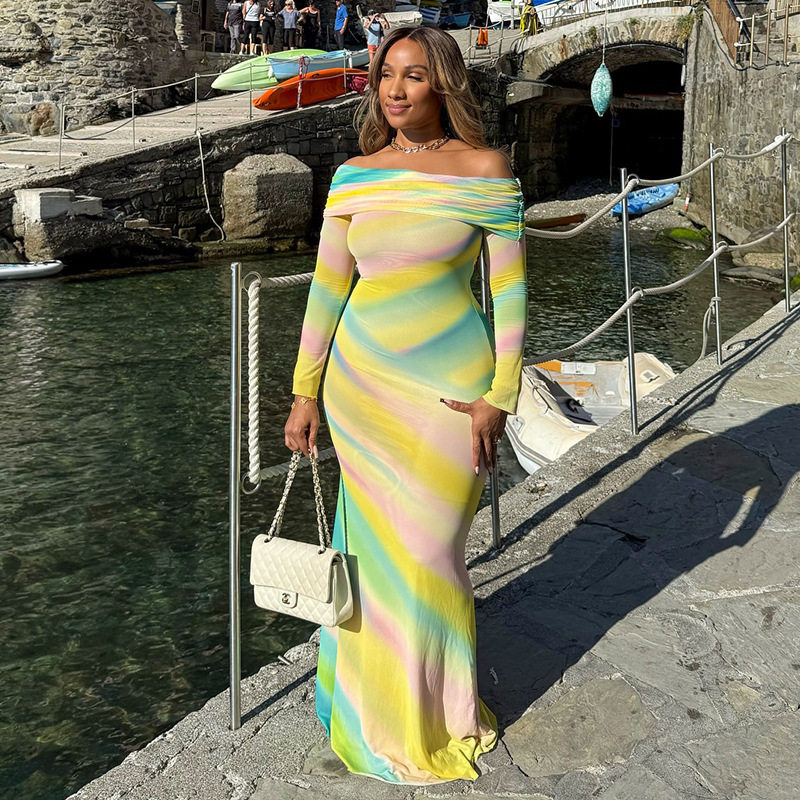 Casual Floral Print Bodycon Dress Off Shoulder Long Sleeve Color Block Design Perfect for Vacation or Everyday Wear