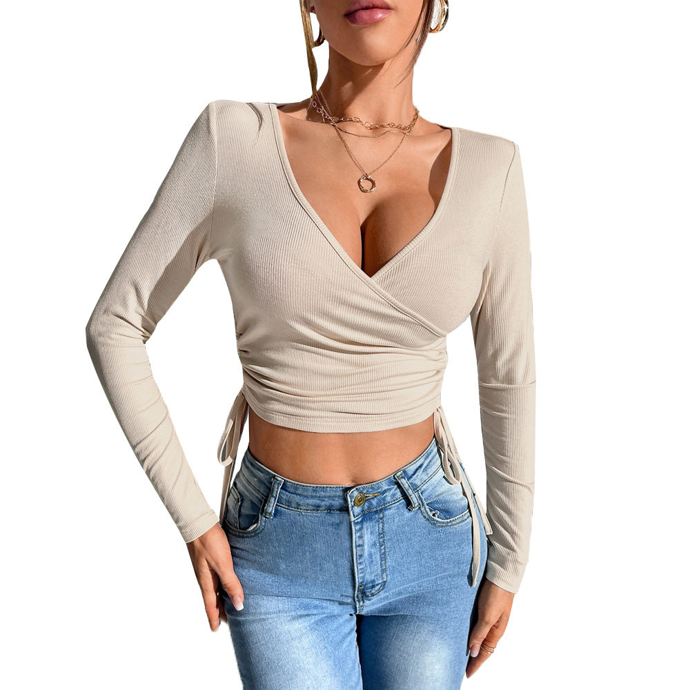 Womens Sexy V Neck T Shirt Long Sleeve Waist Tie Slim Fit Spring Summer Casual Wear Wholesale Available