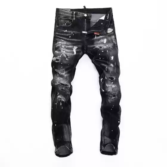 European and American Street Fashion Brand Spring New Trendy Men's Splatter Graffiti Patch Washed Denim Jeans Men's Stretch Slim Fit Skinny Pants