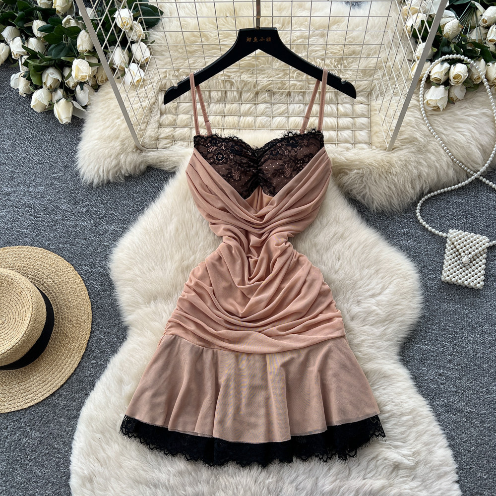 French Lace Spliced Cami Dress Slim Fit A Line Silhouette Summer Style Green Color Perfect for Casual Outings