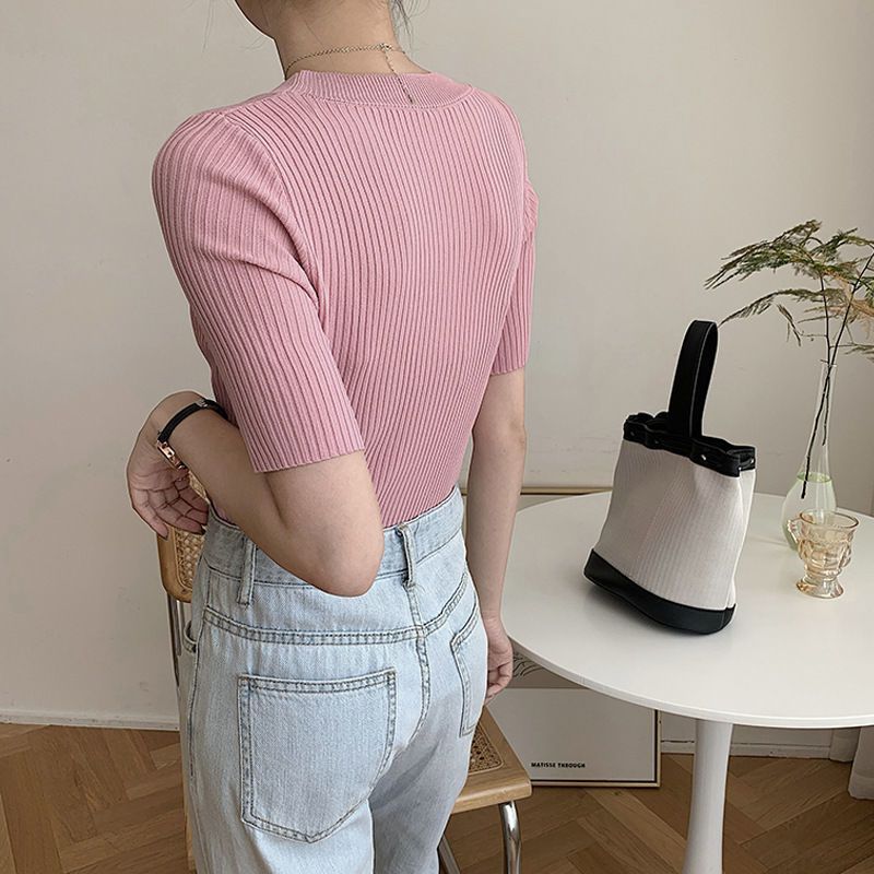 Womens Soft Ice Silk Knit T Shirt Low Round Neck Slim Fit Trendy Design Summer Casual Wear OEM Available