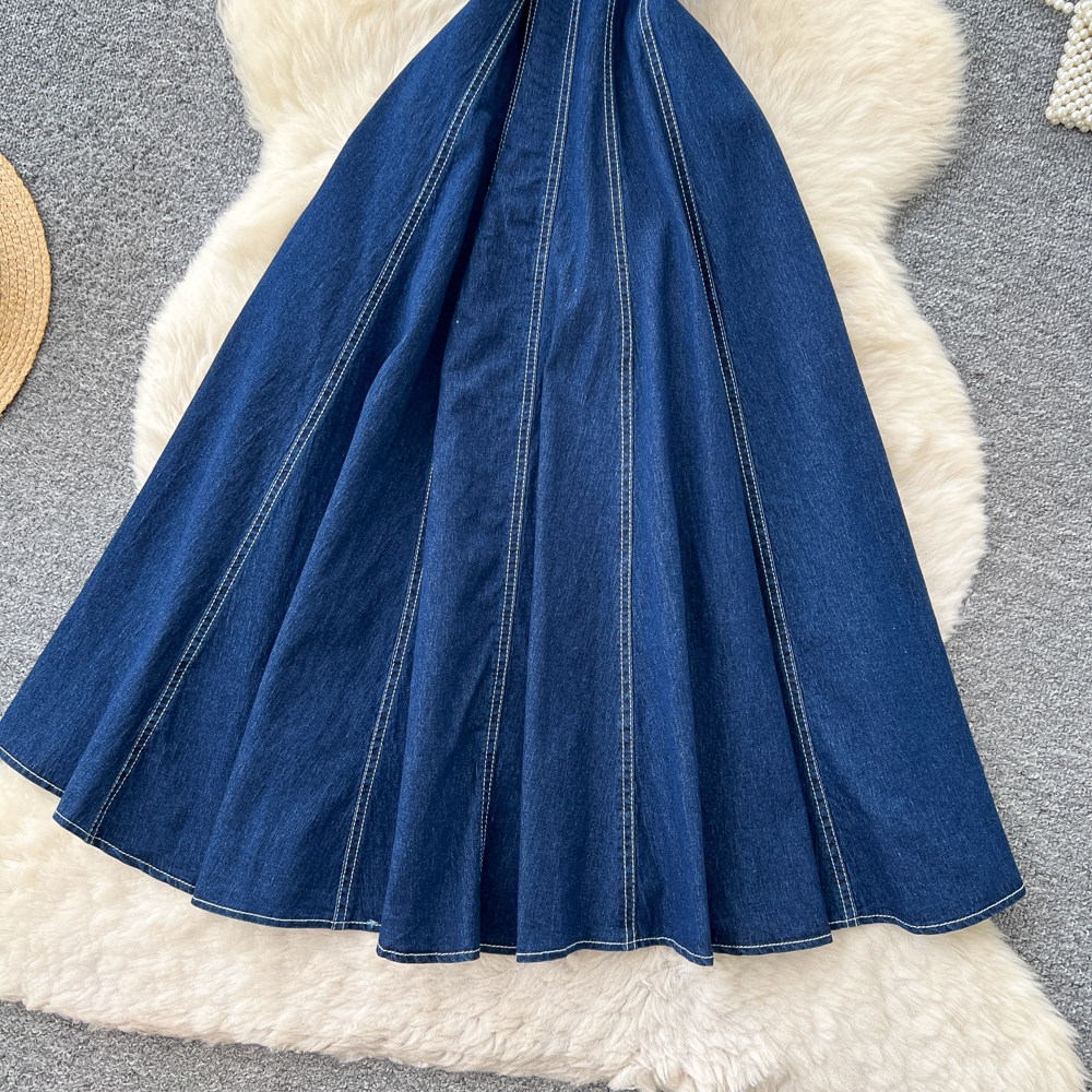 French Vintage Style Denim Square Neck A Line Dress for Women High Waist Flattering Fit Flared Hem Casual Office Wear