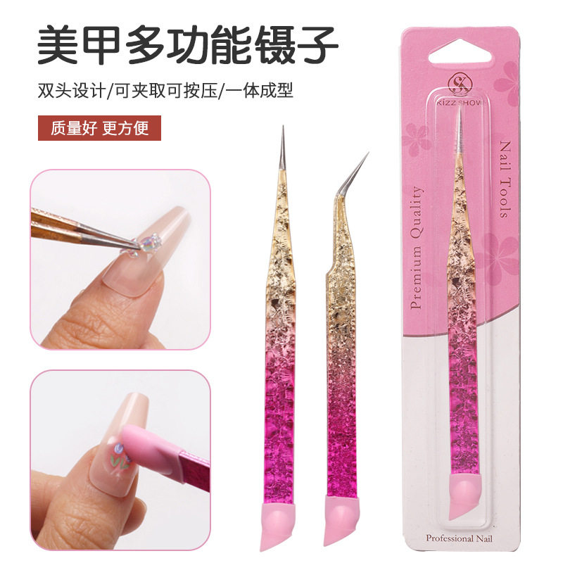 Nail art multi-functional double-headed tweezers nail sticker with silicone pressing Rod embossing Japanese nail art tool
