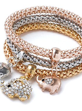 欧美跨境热卖合金三色套装弹力爆米花玉米链 镶钻爱心吊坠手链女