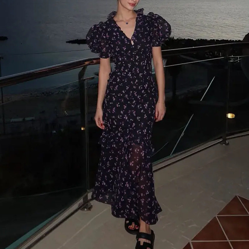 Elegant Floral Ruffle V Neck Dress Spring Collection Womens Fashion Soft Fabric Perfect for Casual or Formal