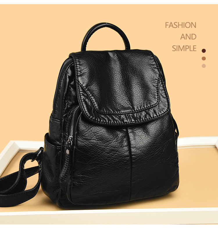 Ba lô nữ da PU dáng mềm phong cách retro, túi du lịch đa ngăn chống thấm — màu đen, Màu trắng ngà, màu vàng, màu xám