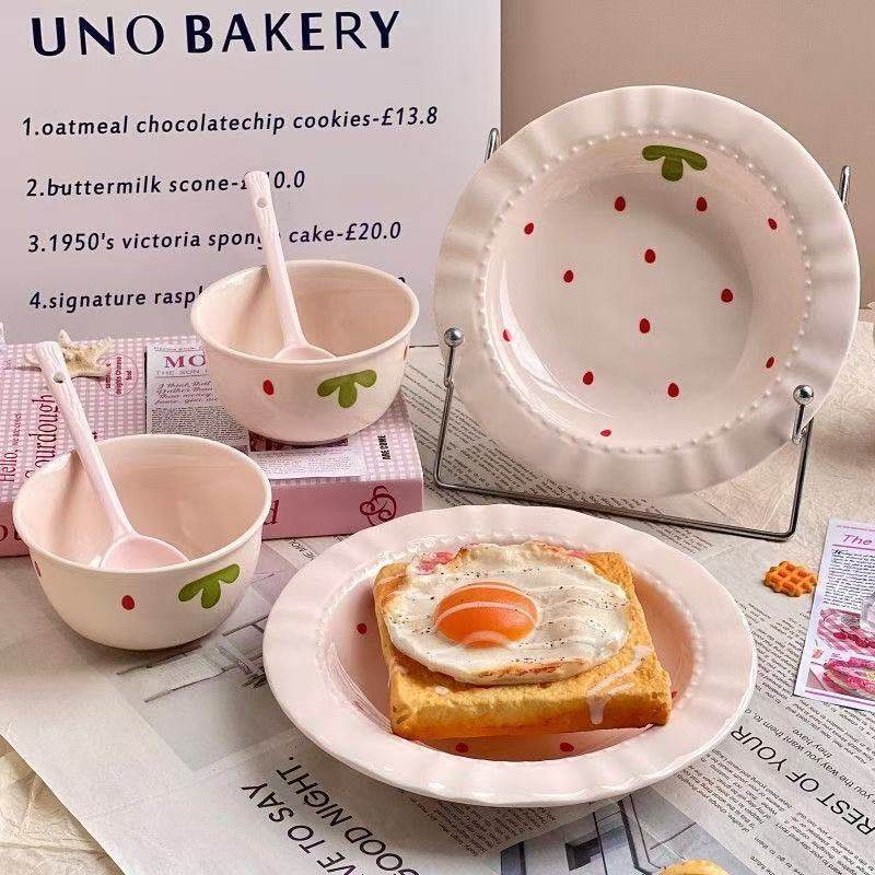 Pink Girly Heart Fruit Strawberry Lace Plate Ceramic Tableware Set Straw Hat Plate Bowl Rice Household Cute Ceramic