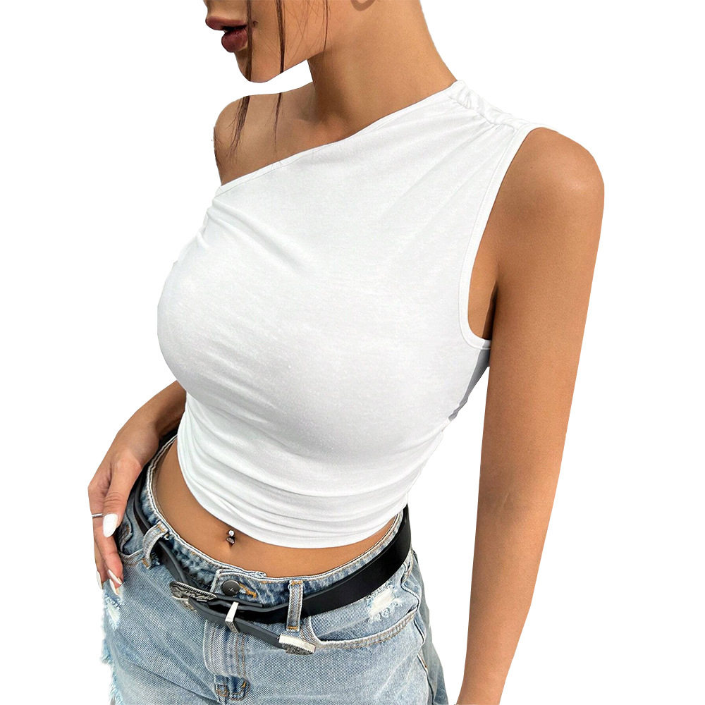 Asymmetrical Shoulder Knit T Shirt Slim Fit Sexy Design Comfortable Fabric Casual Wear for Women OEM Available