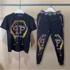 New Teenager Men's Sports Leisure Round Neck Trend Hot Rhinestone suit Two-Piece Trendy Brand Plein
