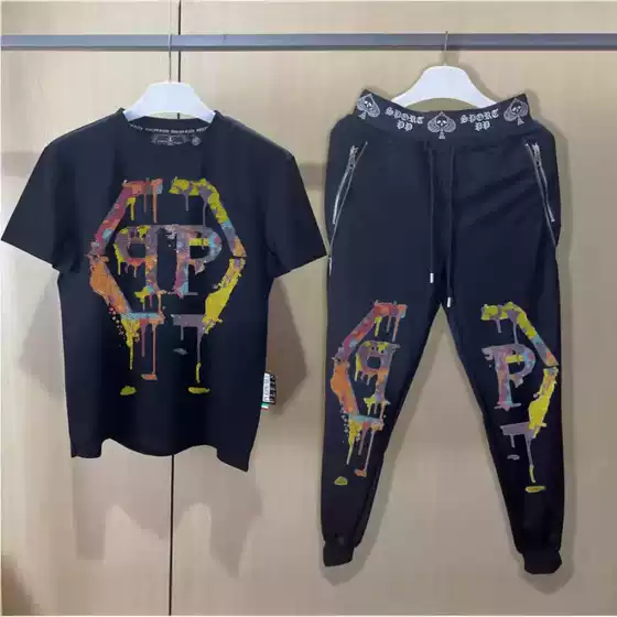 New Teenager Men's Sports Leisure Round Neck Trend Hot Rhinestone suit Two-Piece Trendy Brand Plein