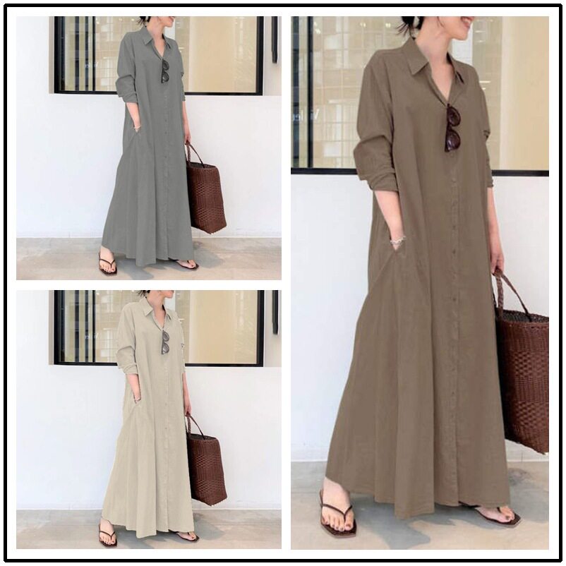 Cotton Linen Long Sleeve Shirt Dress Solid Color Pocket Design Loose Fit Casual Everyday Wear Ready to Ship