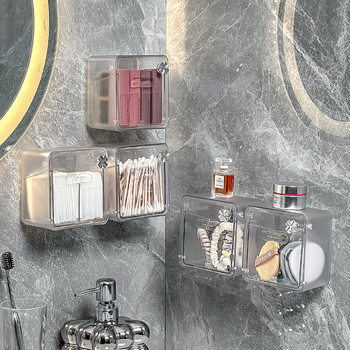 Storage Box in the Mirror Cabinet, Bathroom Wall-Mounted Cotton Swab Makeup Remover Storage Powder Puff Lipstick Organizer Box Bathroom Box