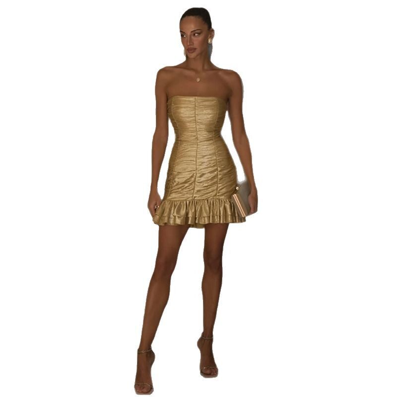 French Style Sexy Strapless Bodycon Ruched Midi Dress Elegant Gold Foil Design Perfect for Parties and Special Occasions