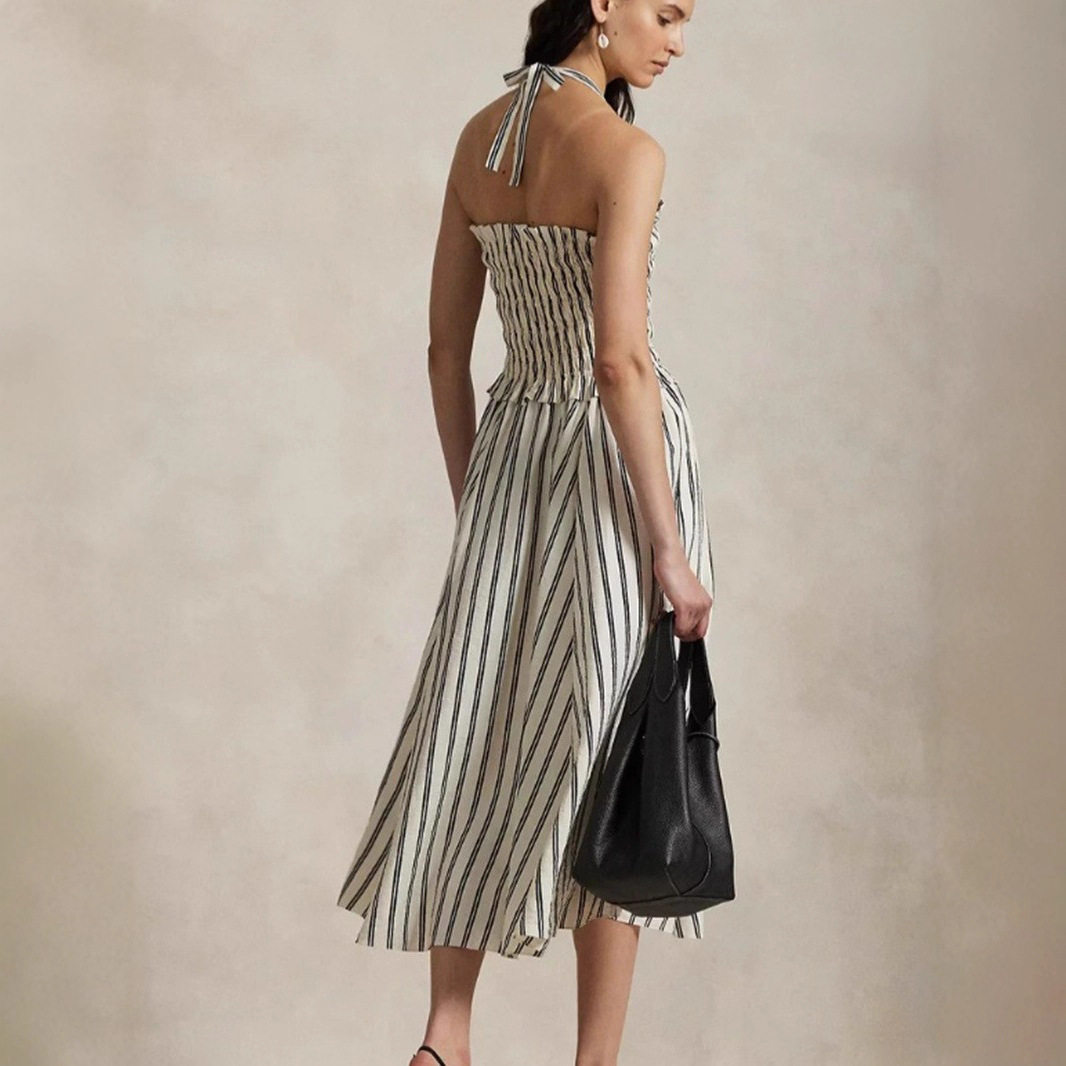 French Striped Sleeveless Dress Off Shoulder Waist Defining Slim Fit Autumn Fashion for Women Wholesale Available