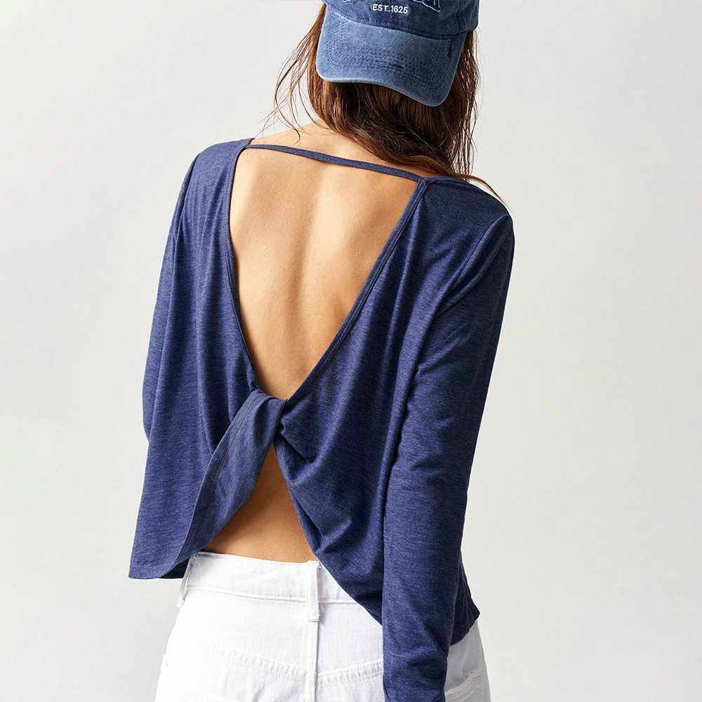 Casual Loose Fit Long Sleeve T Shirt Solid Color Backless Design Spring Summer Style Wholesale Available