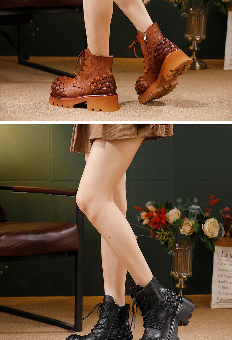 Boot Martin nữ da bò thật cổ ngắn phối dây kéo bên hông — đen, màu nâu
