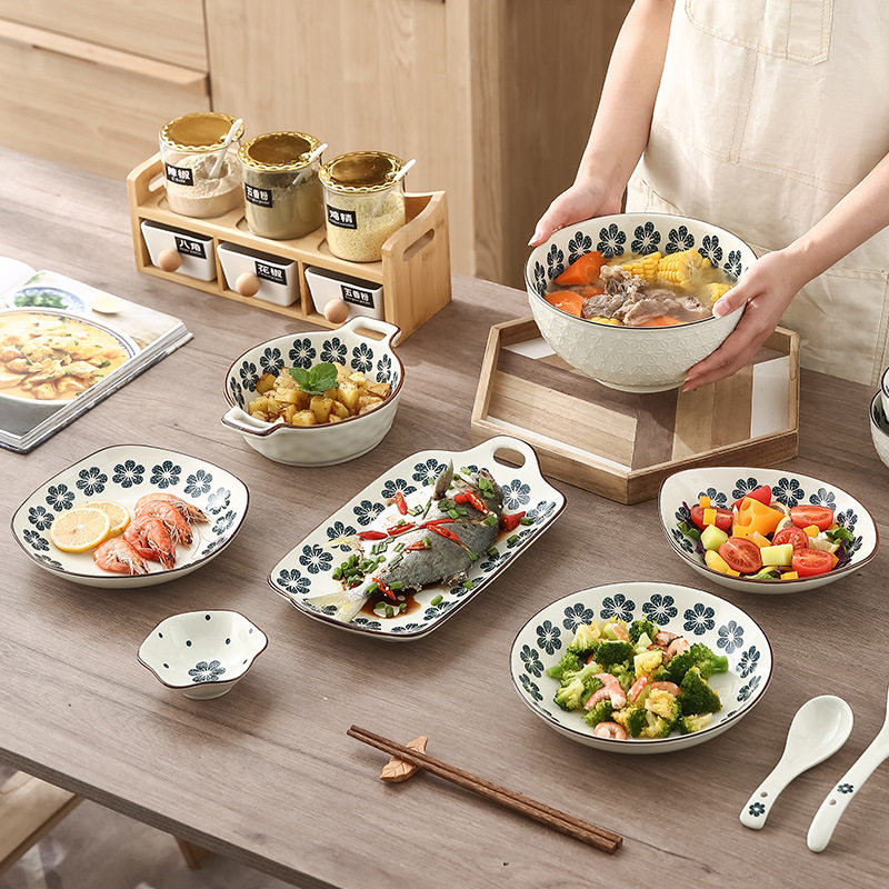 Xiaolanhua Internet Celebrity Retro Japanese Style Underglaze Color Ceramic Tableware Household Meal Soup Dishes and Dishes Spoon Combination Set