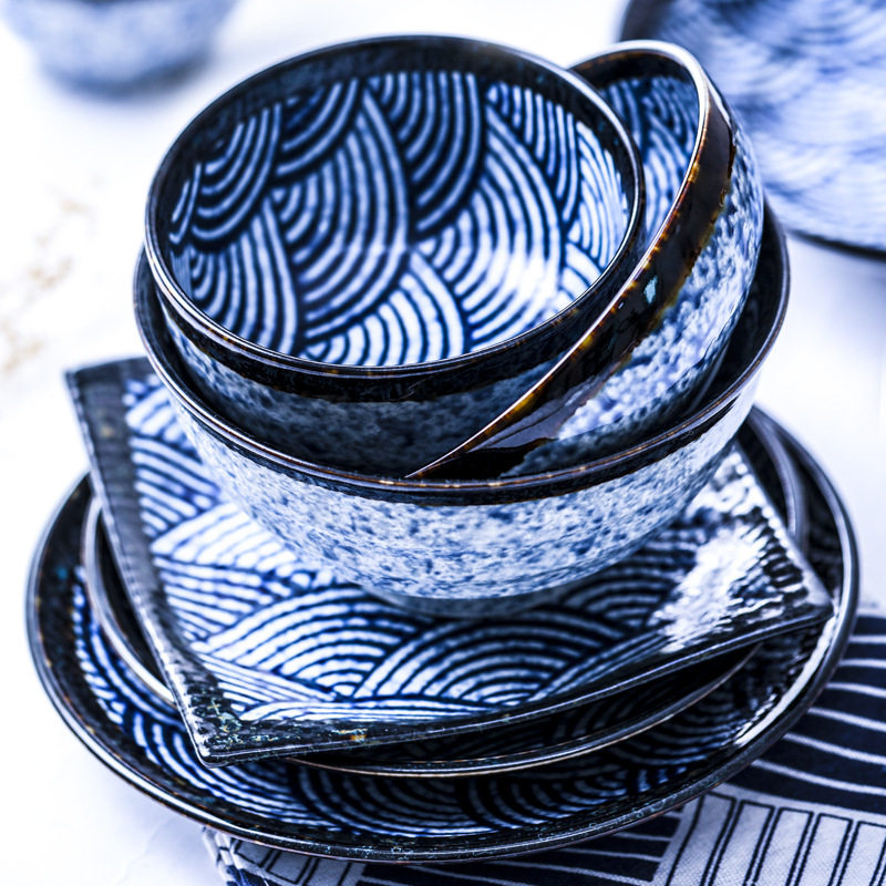 Japanese imported green Haibo ceramic bowl tableware fruit dish plate small Bowl household Japanese salad noodle bowl soup bowl rice bowl