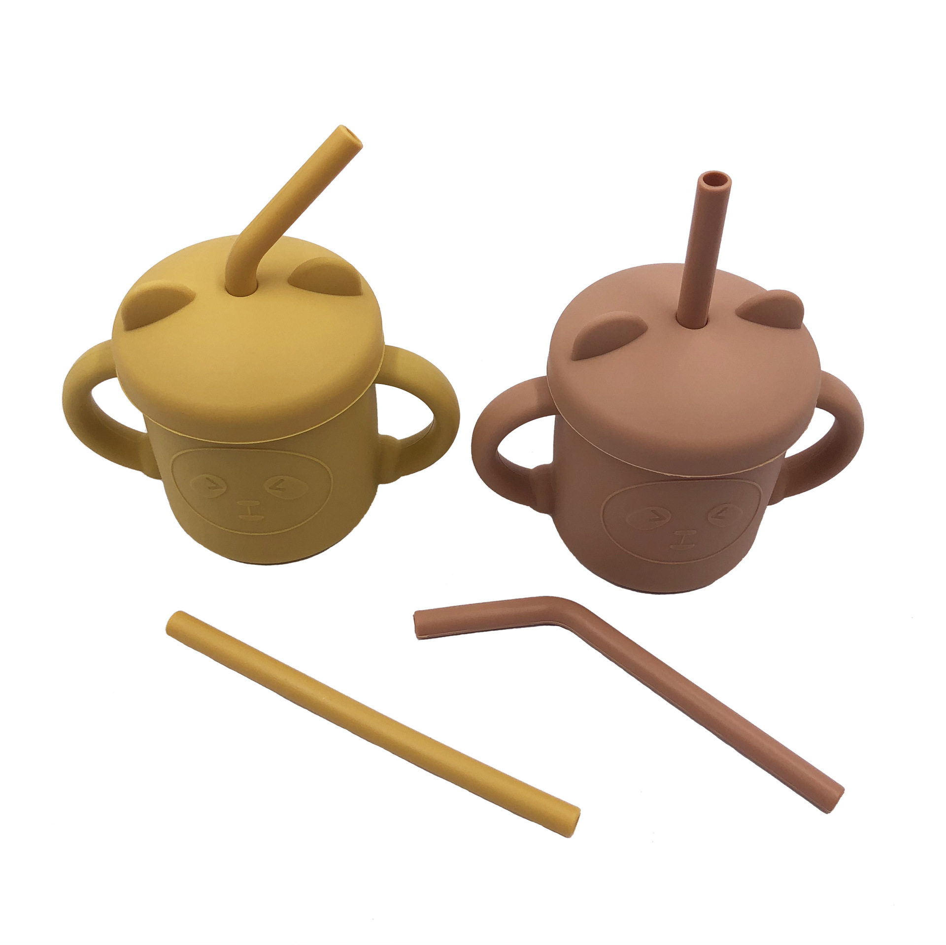 Silicone Water Cup with Double Handles and Double Straws, Cartoon Baby Learning Drinking Cup, Special Silicone Cup for Children and Babies, Tableware