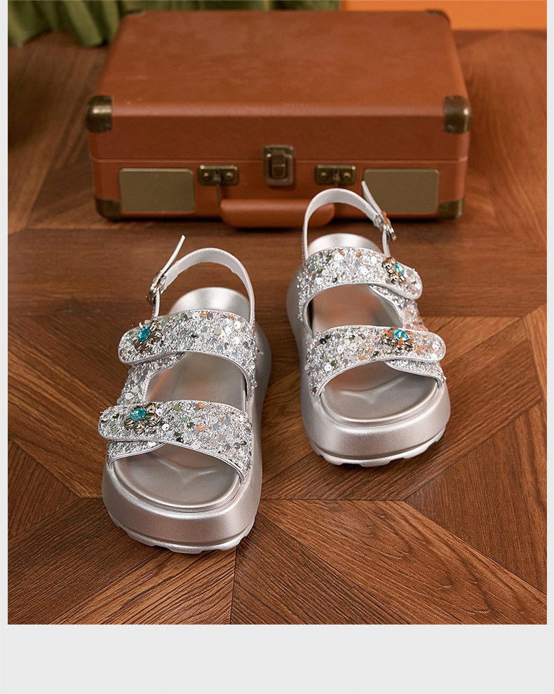 Sandal nữ quai chữ V đế dày chống trượt phong cách thành thị — Đen, Bạc chi tiết 17