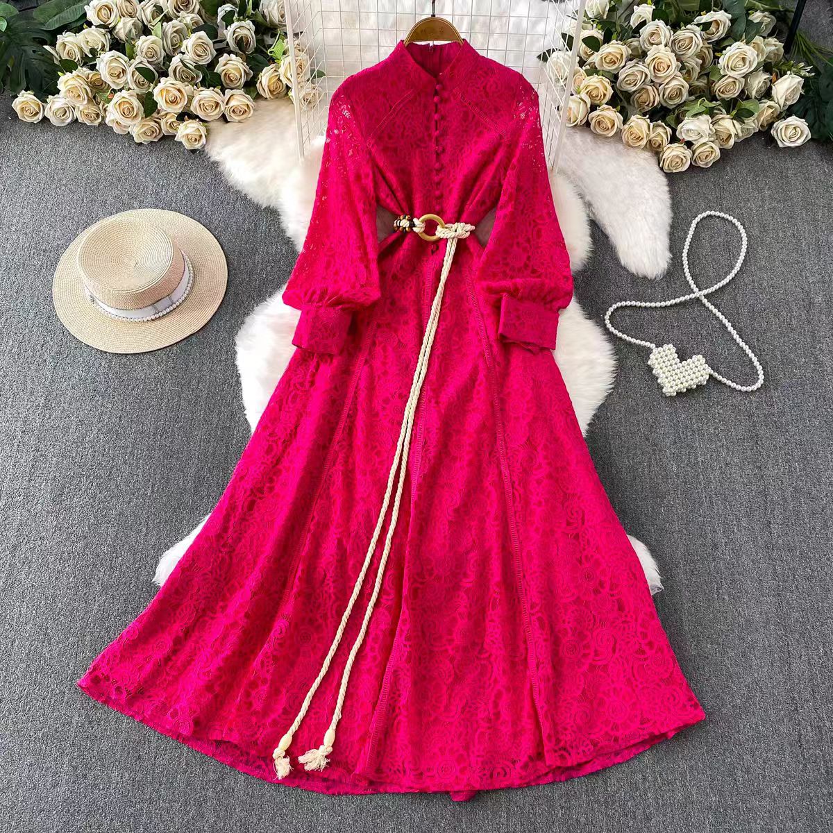 French Vintage Elegant Lace Collar Dress Spring and Autumn Style Waist Tie Design with Flared Skirt Wholesale Available
