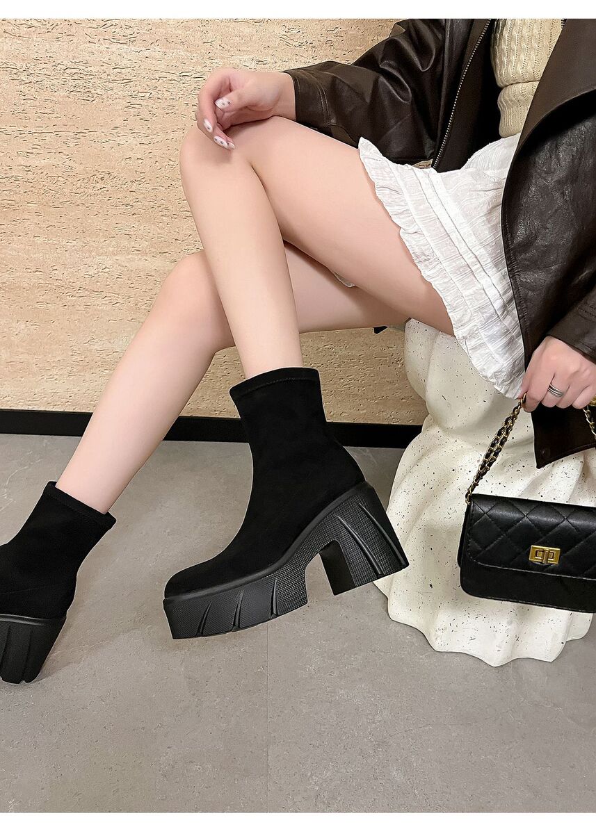 Boot nữ cổ thấp gót thô đế dày tăng chiều cao, chất liệu nhung mềm — Lớp lót đơn màu đen, Lớp lót đơn màu nâu, Lót nhung đen, Lót nhung màu nâu