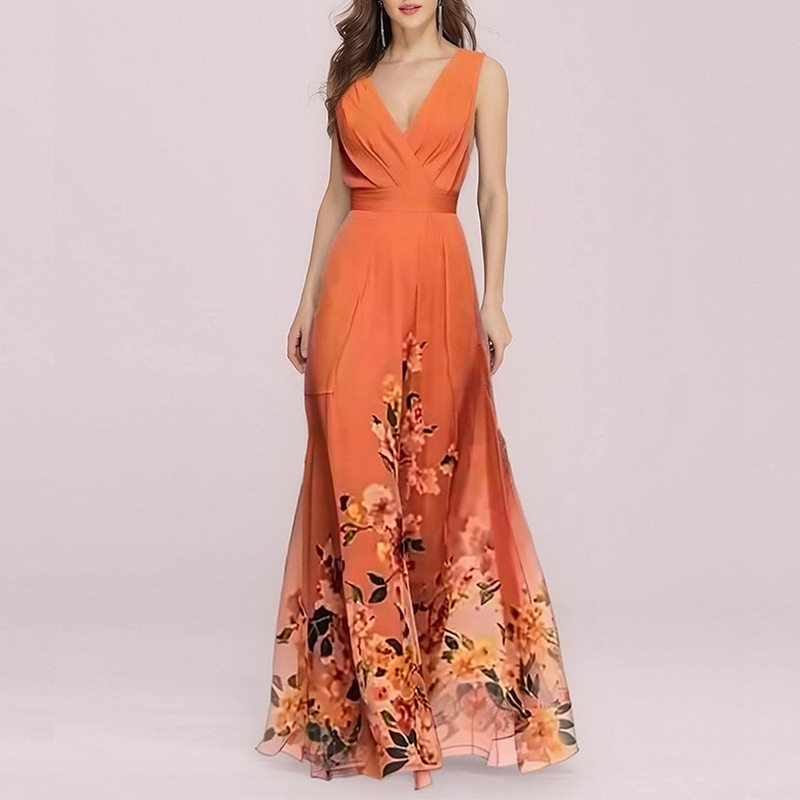 Elegant Floral V Neck Maxi Dress Summer Collection Waist Defined Comfortable Fabric Perfect for Casual or Formal