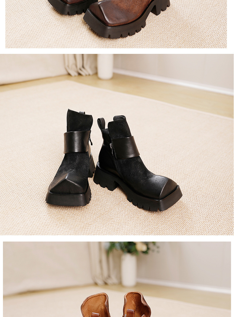 Boot Martin nữ da bò cổ ngắn gót thô khóa kéo bên — Màu cà phê, Màu đen