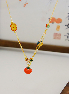 祈福。原创新中式柿柿如意时尚滴油项链女百搭小众轻奢简约锁骨链