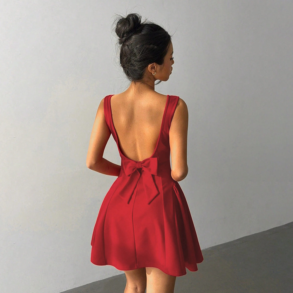 Red A Line Dress Fitted Square Neck Backless Short Hem Spring Summer Fashion Wholesale Available
