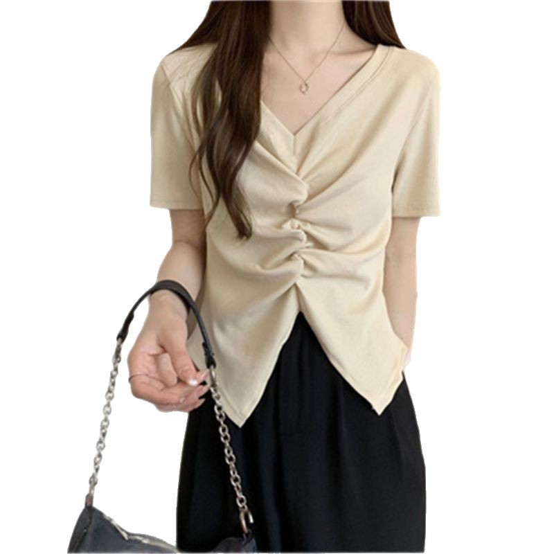 Plus Size Womens V Neck Ruched Slim Fit Short Sleeve T Shirt Unique Design Casual Wear