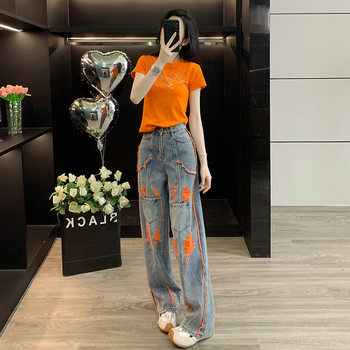 Street-Style Short-Sleeved T-Shirt Fashion Suit for Women Summer New Slim-Fitting Short Fashionable Jeans Orange Edge Two-Piece Set
